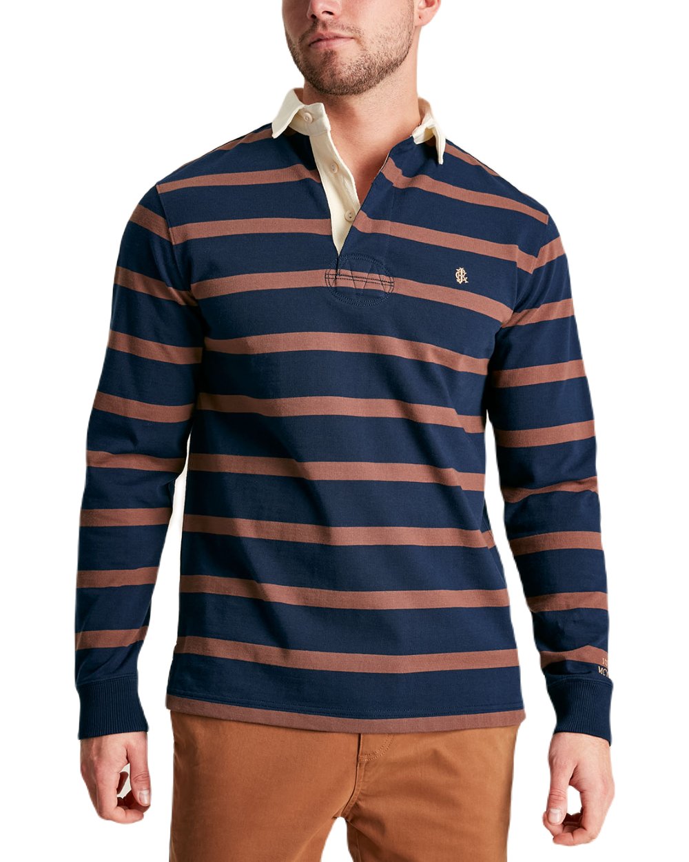 Navy Brown Stripe Coloured Joules Onside Rugby Shirt On A White Background