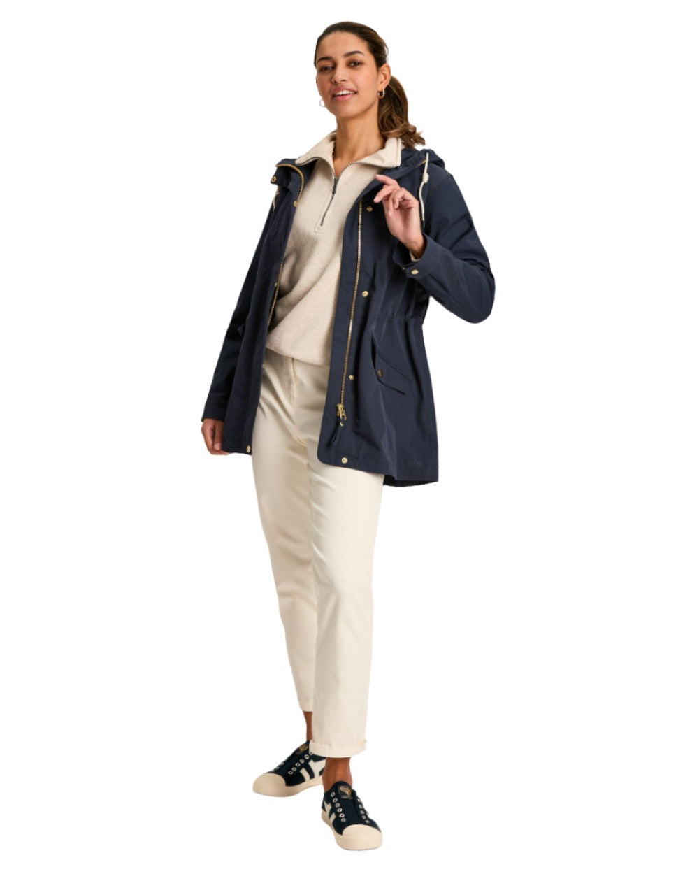 Navy Blue Coloured Joules Portwell Waterproof Raincoat With Hood On A White Background