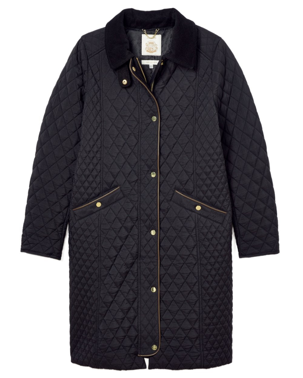 Black Coloured Joules Rosewell Showerproof Longline Diamond Quilted Coat On A White Background