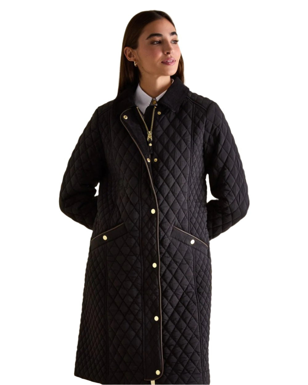 Black Coloured Joules Rosewell Showerproof Longline Diamond Quilted Coat On A White Background