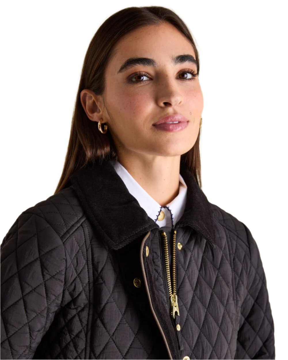 Black Coloured Joules Rosewell Showerproof Longline Diamond Quilted Coat On A White Background