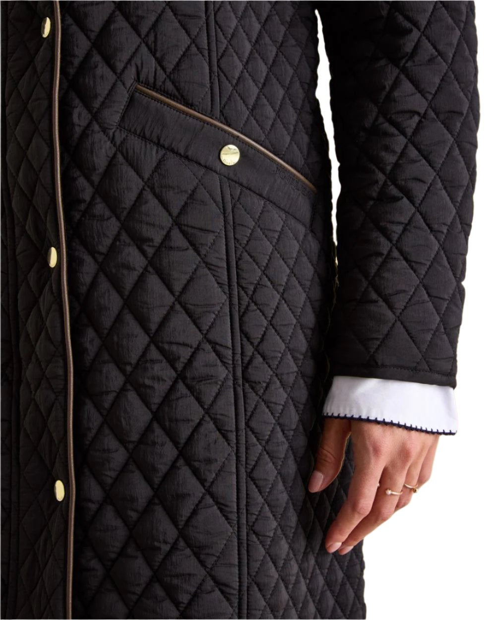 Black Coloured Joules Rosewell Showerproof Longline Diamond Quilted Coat On A White Background