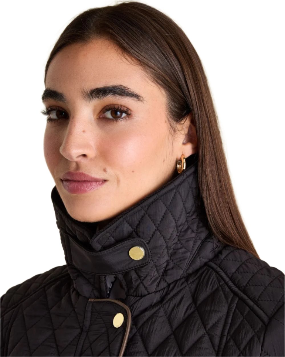 Black Coloured Joules Rosewell Showerproof Longline Diamond Quilted Coat On A White Background