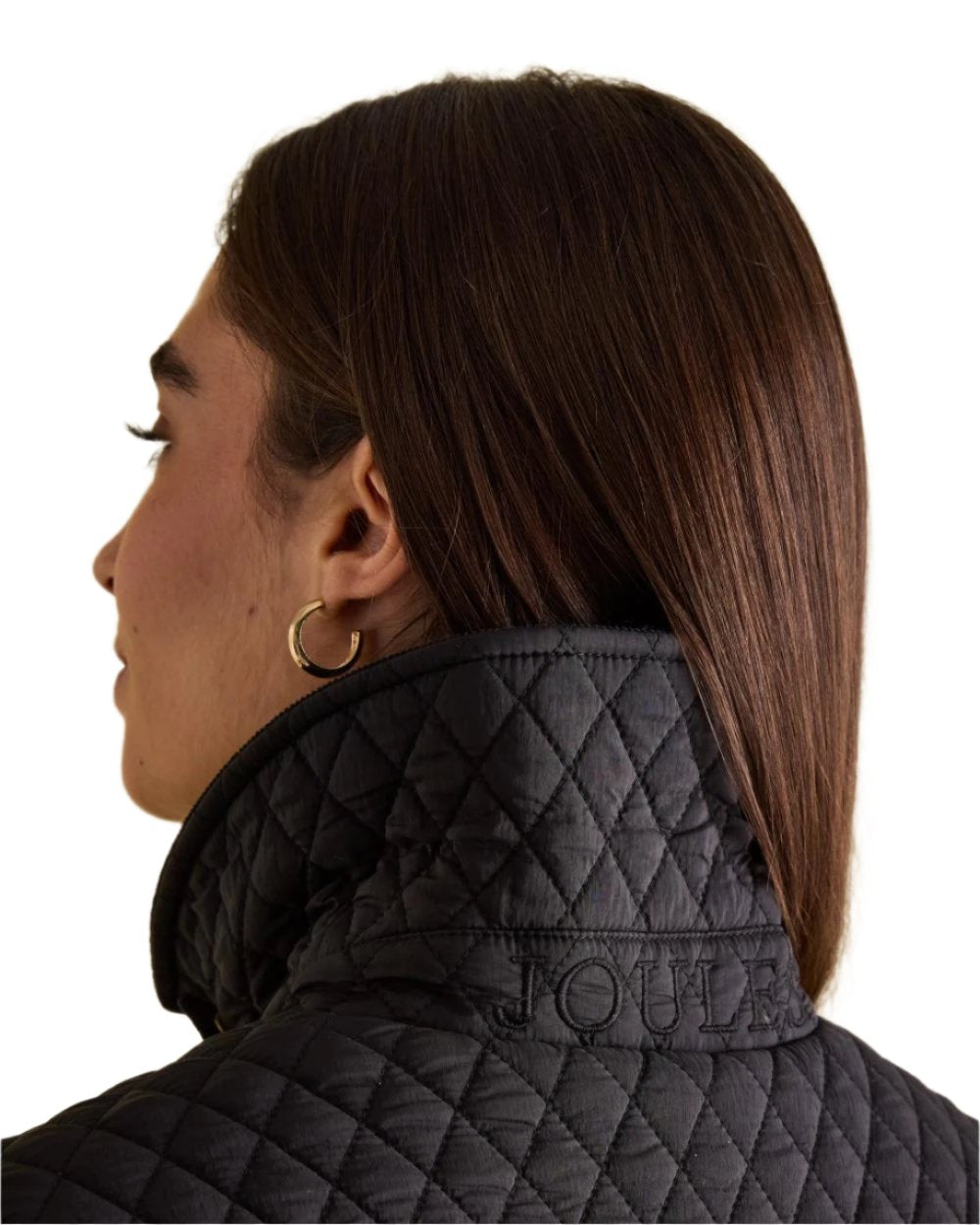 Black Coloured Joules Rosewell Showerproof Longline Diamond Quilted Coat On A White Background