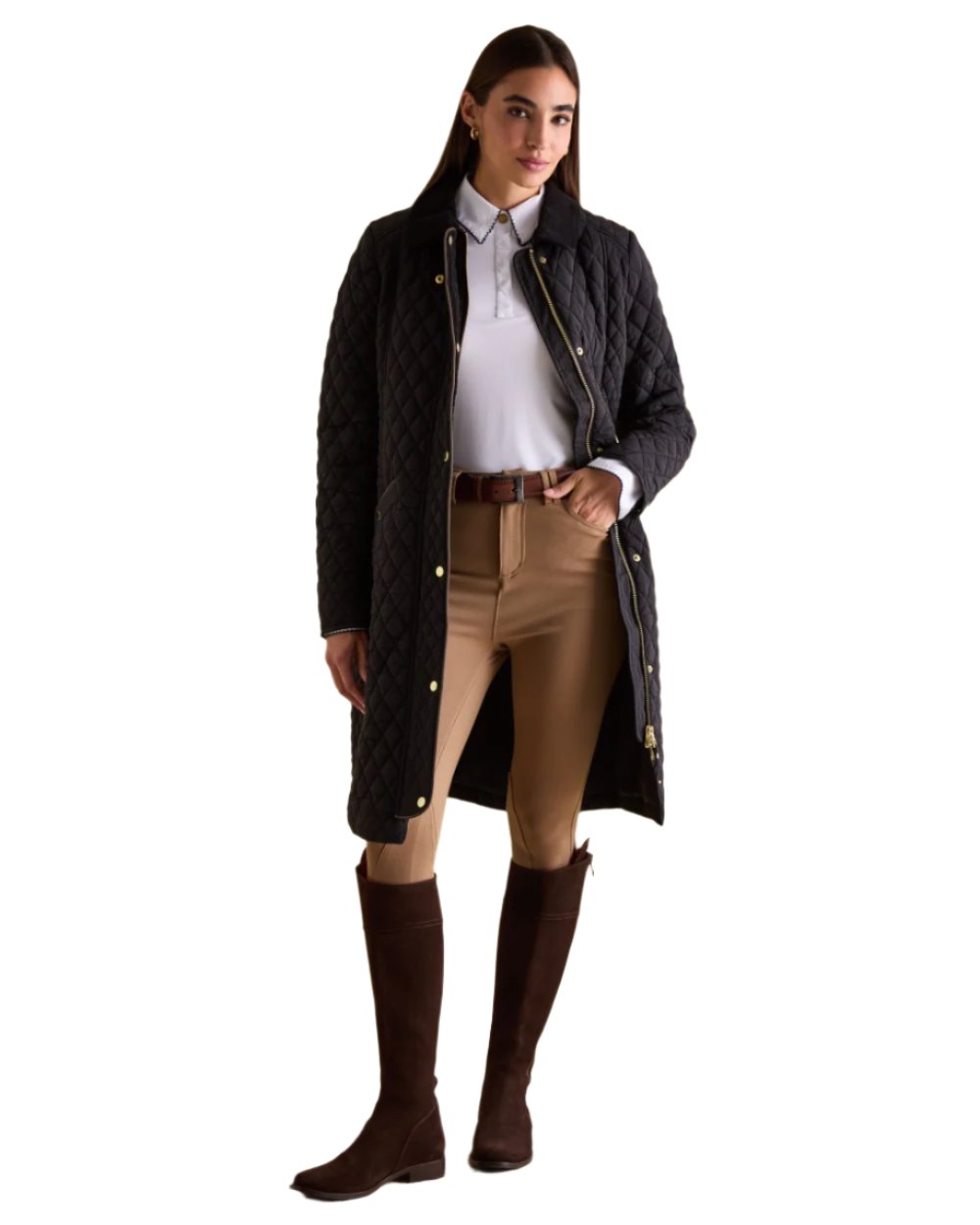 Black Coloured Joules Rosewell Showerproof Longline Diamond Quilted Coat On A White Background