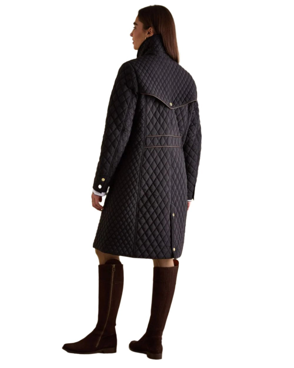 Black Coloured Joules Rosewell Showerproof Longline Diamond Quilted Coat On A White Background