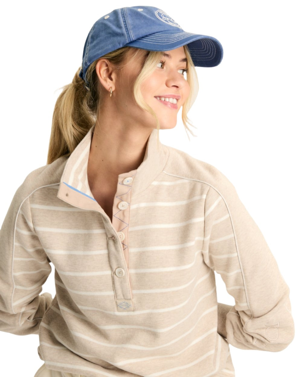 Oatmarl Coloured Joules Southwold Button Down Striped Sweatshirt On A White Background