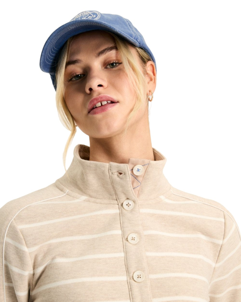 Oatmarl Coloured Joules Southwold Button Down Striped Sweatshirt On A White Background