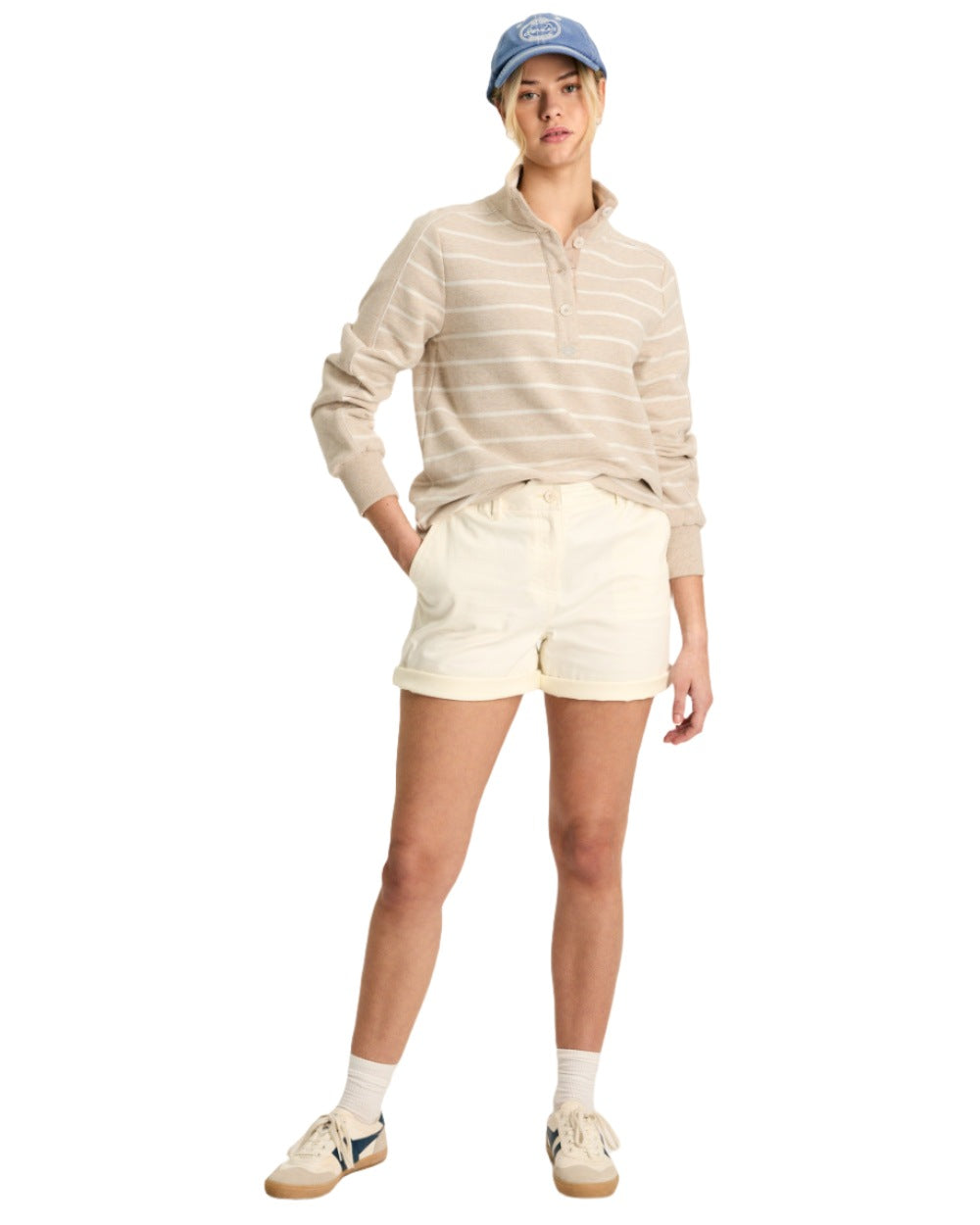 Oatmarl Coloured Joules Southwold Button Down Striped Sweatshirt On A White Background
