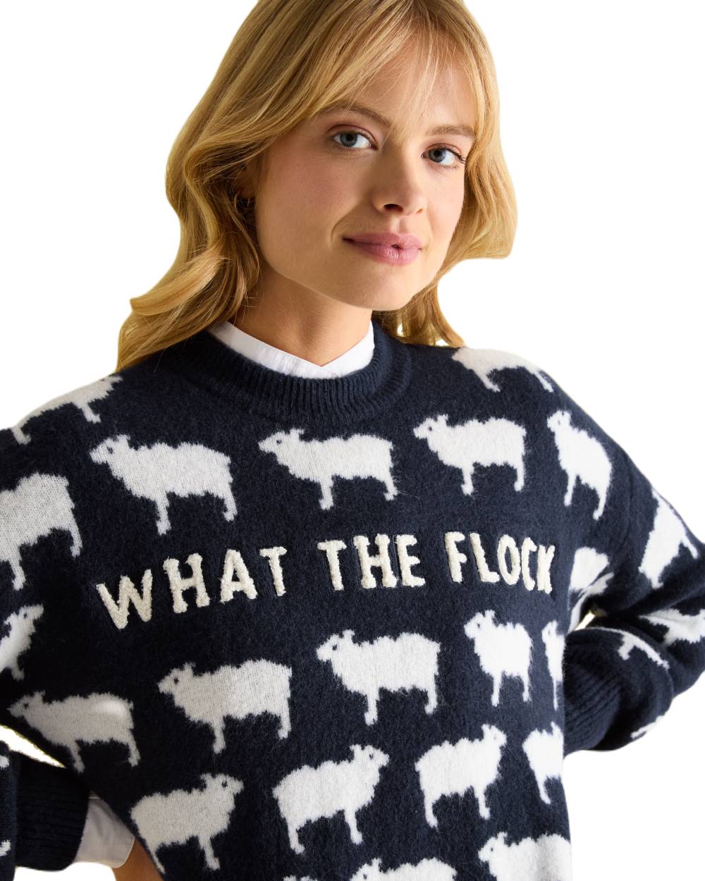 Navy Coloured Joules What The Flock Sweatshirt On A White Background