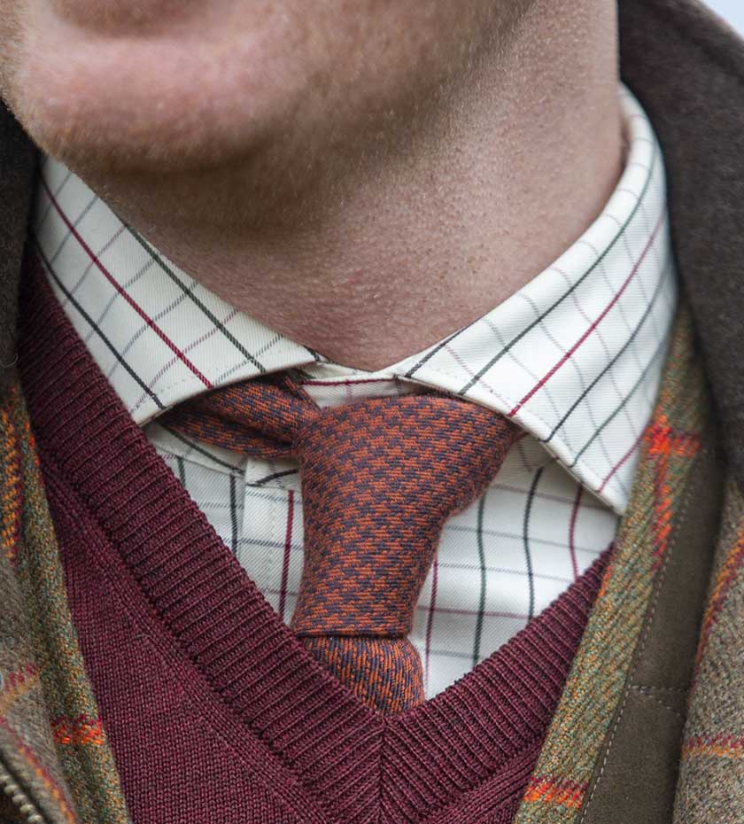 Laksen tattersall cotton country shirt with country tie and green tweed surround.