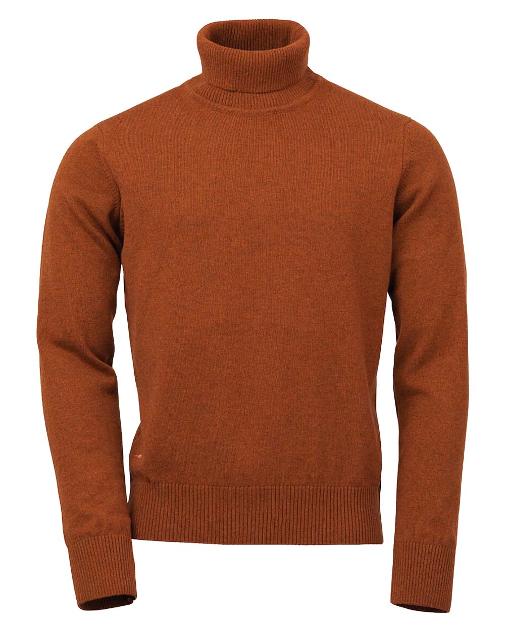 Burnt Orange coloured Laksen Trool Lamswool Rollneck Sweater on White background 