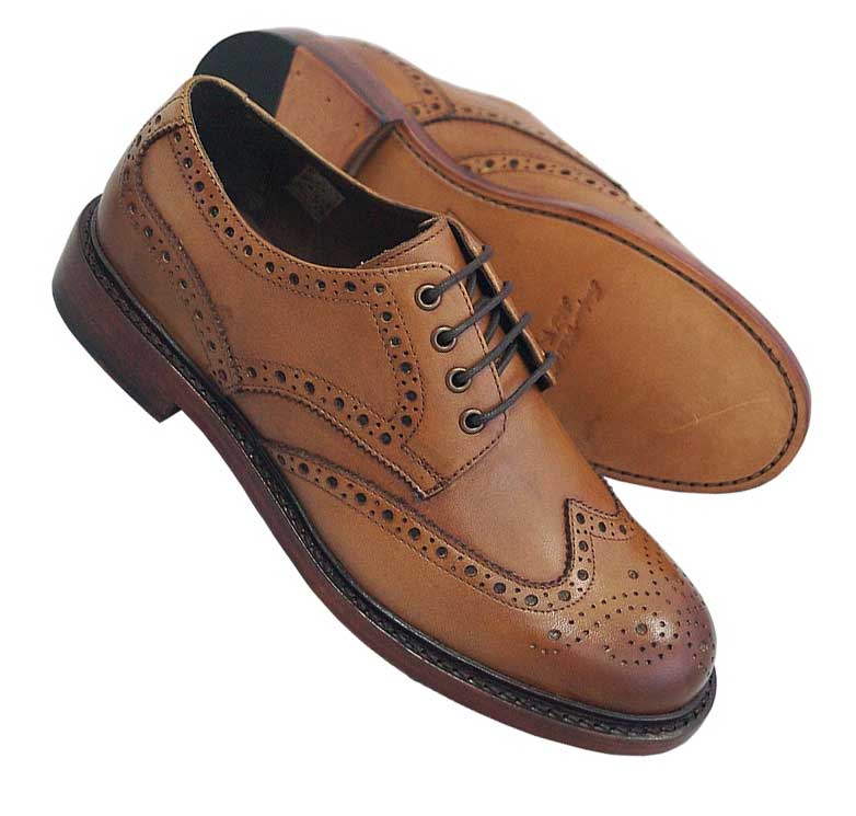 Leather Country Brogue Shoes and Boots in burnished brown leather on a white background.