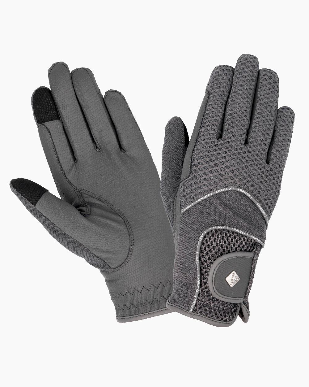 Grey coloured LeMieux 3D Mesh Riding Gloves on white background