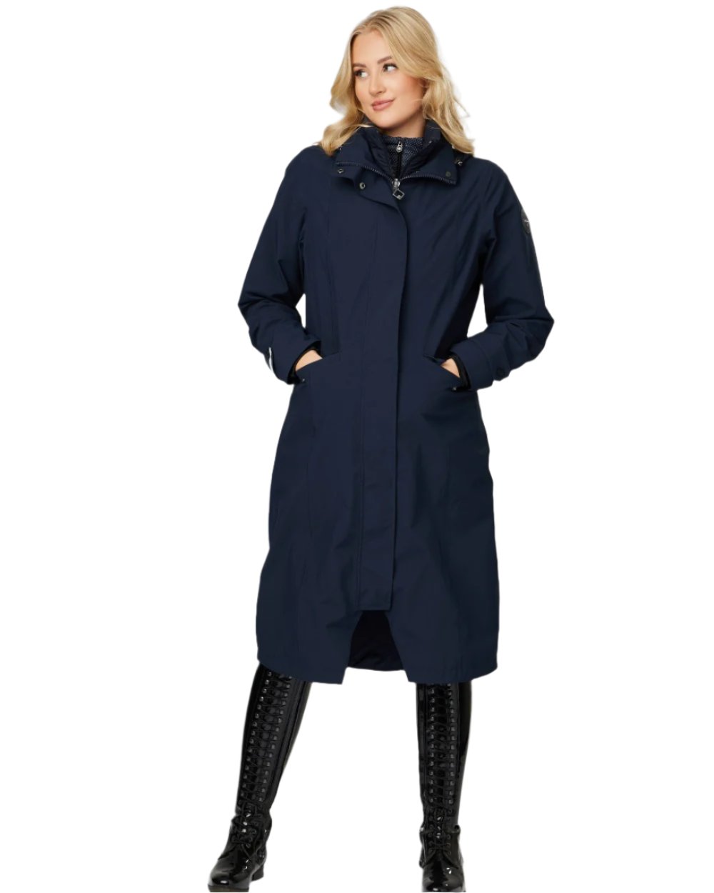 Navy coloured LeMieux Amelie Waterproof Lightweight Riding Coat on white background
