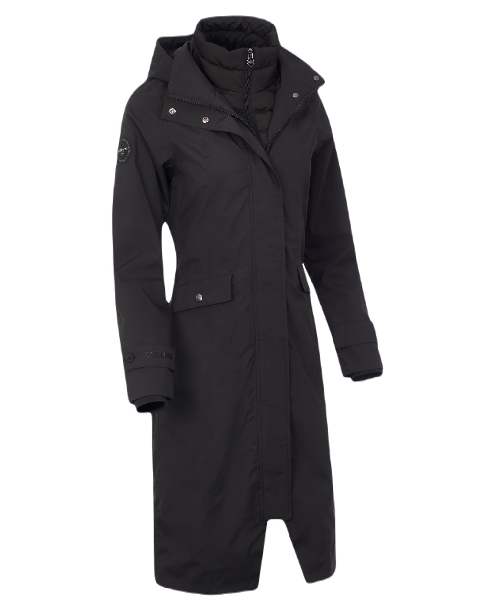 Black Coloured LeMieux Amelie Lightweight Waterproof Riding Coat On A White Background