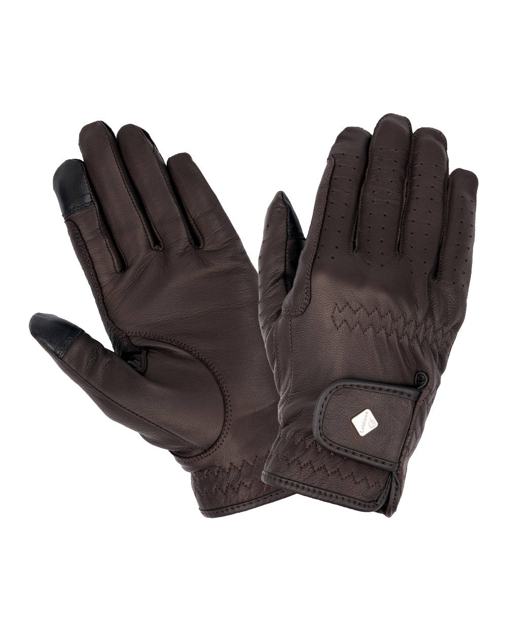 Brown coloured LeMieux Classic Leather Riding Gloves on white background
