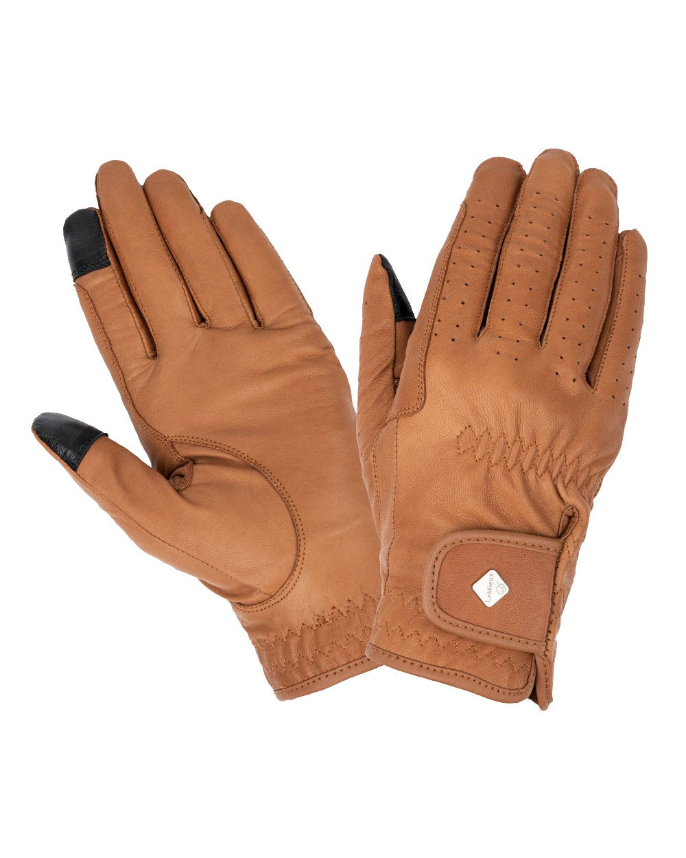 Tan coloured LeMieux Classic Leather Riding Gloves on white background