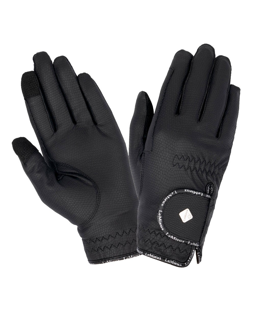 Black coloured LeMieux Classic Riding Gloves on white background 