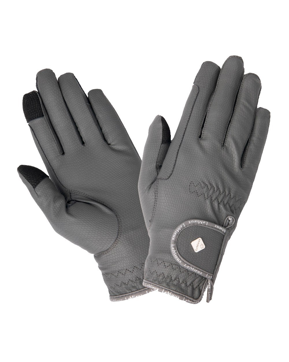 Grey coloured LeMieux Classic Riding Gloves on white background