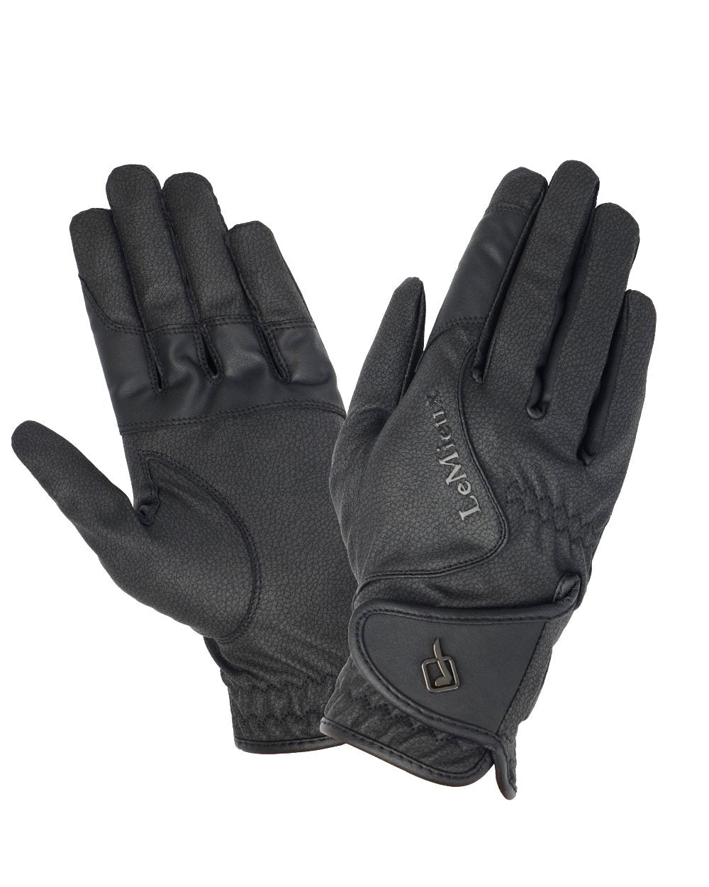Black coloured LeMieux Close Contact Gloves on white background