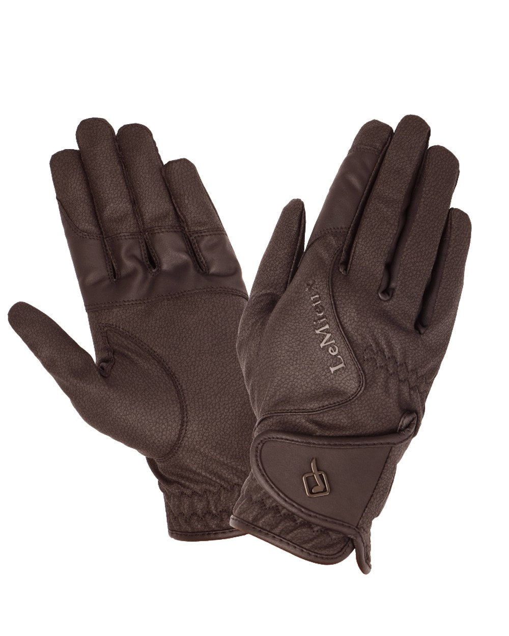 Brown coloured LeMieux Close Contact Gloves on white background