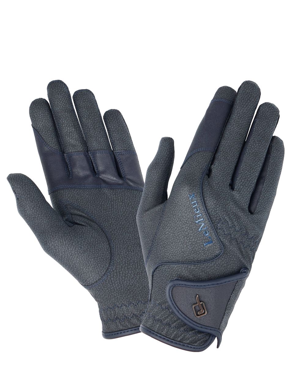 Navy coloured LeMieux Close Contact Gloves on white background