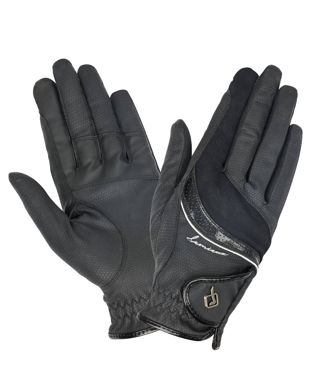 Black coloured LeMieux Competition Gloves on white background 