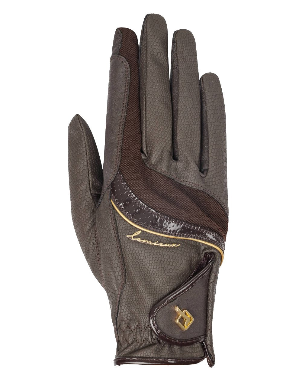 Brown coloured LeMieux Competition Gloves on white background