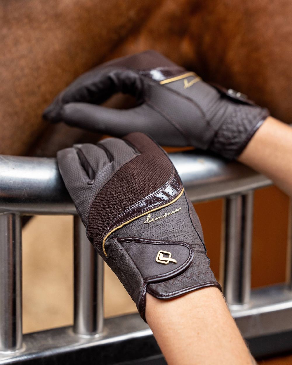 Brown coloured LeMieux Competition Gloves with Horse in background