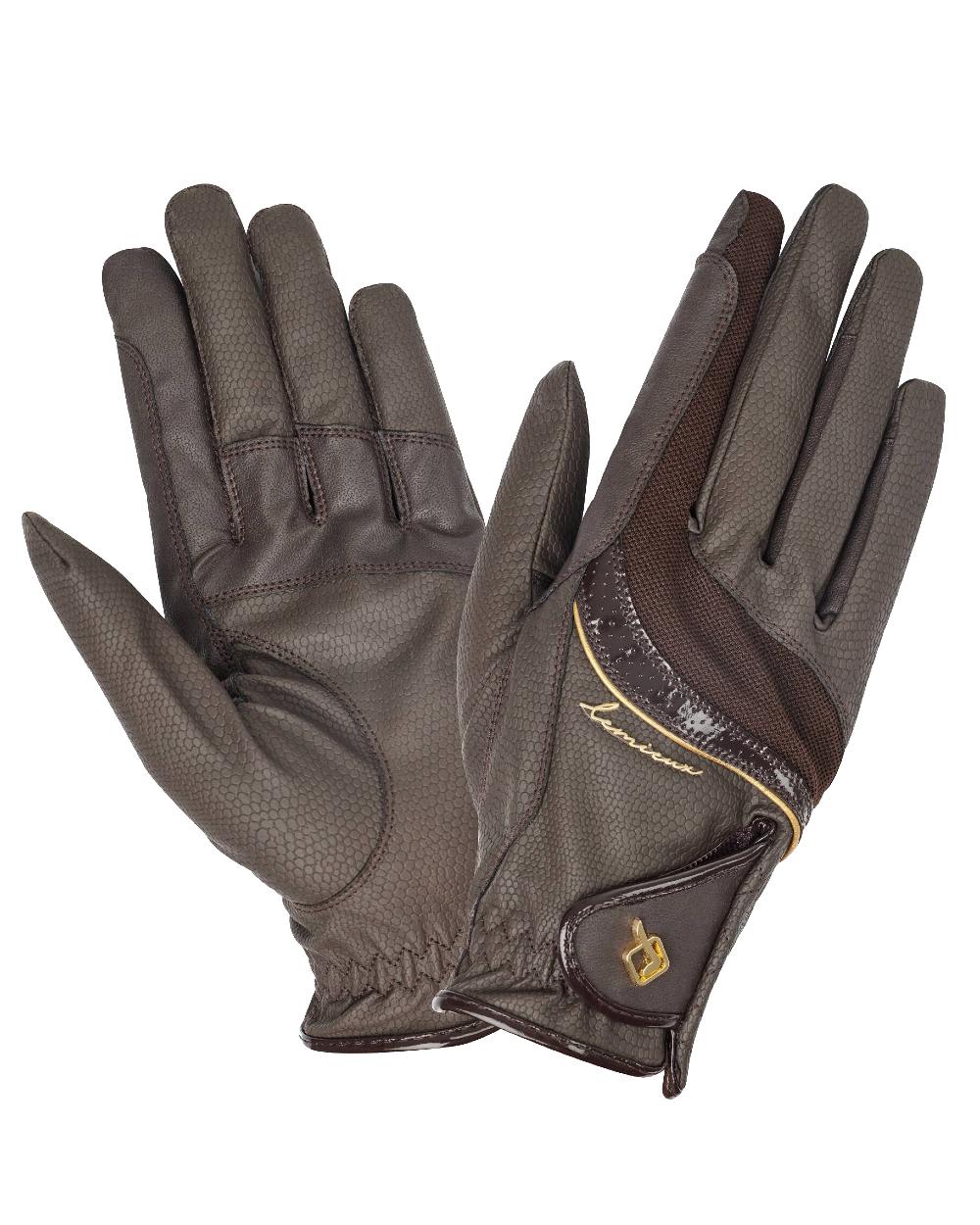Brown coloured LeMieux Competition Gloves on white background