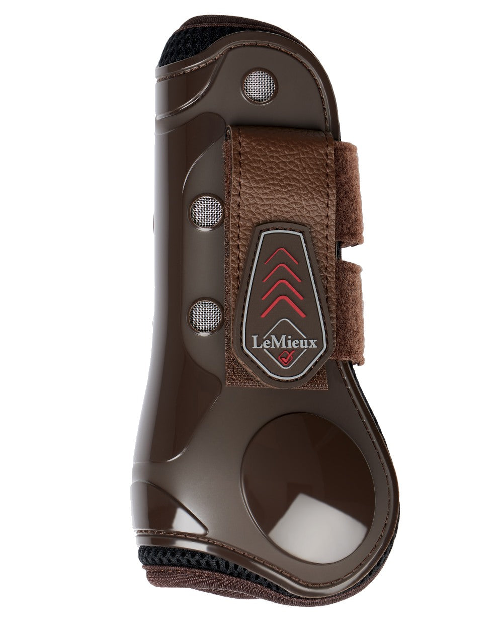 Brown coloured LeMieux Derby ProJump Tendon Boots on white background