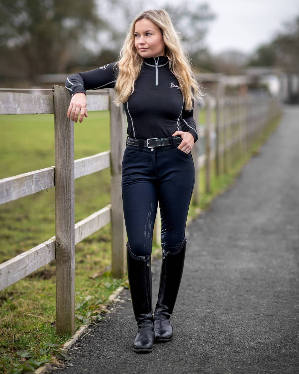 Black coloured LeMieux Drytex Waterproof Breeches with road in background 