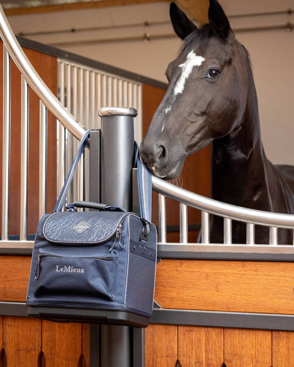 Navy coloured LeMieux Elite Pro Grooming Bag with horse in background