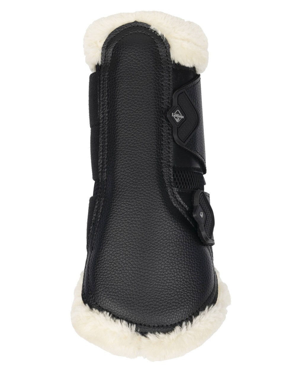 Black/Natural coloured LeMieux Fleece Edged Mesh Brushing Boots on white background