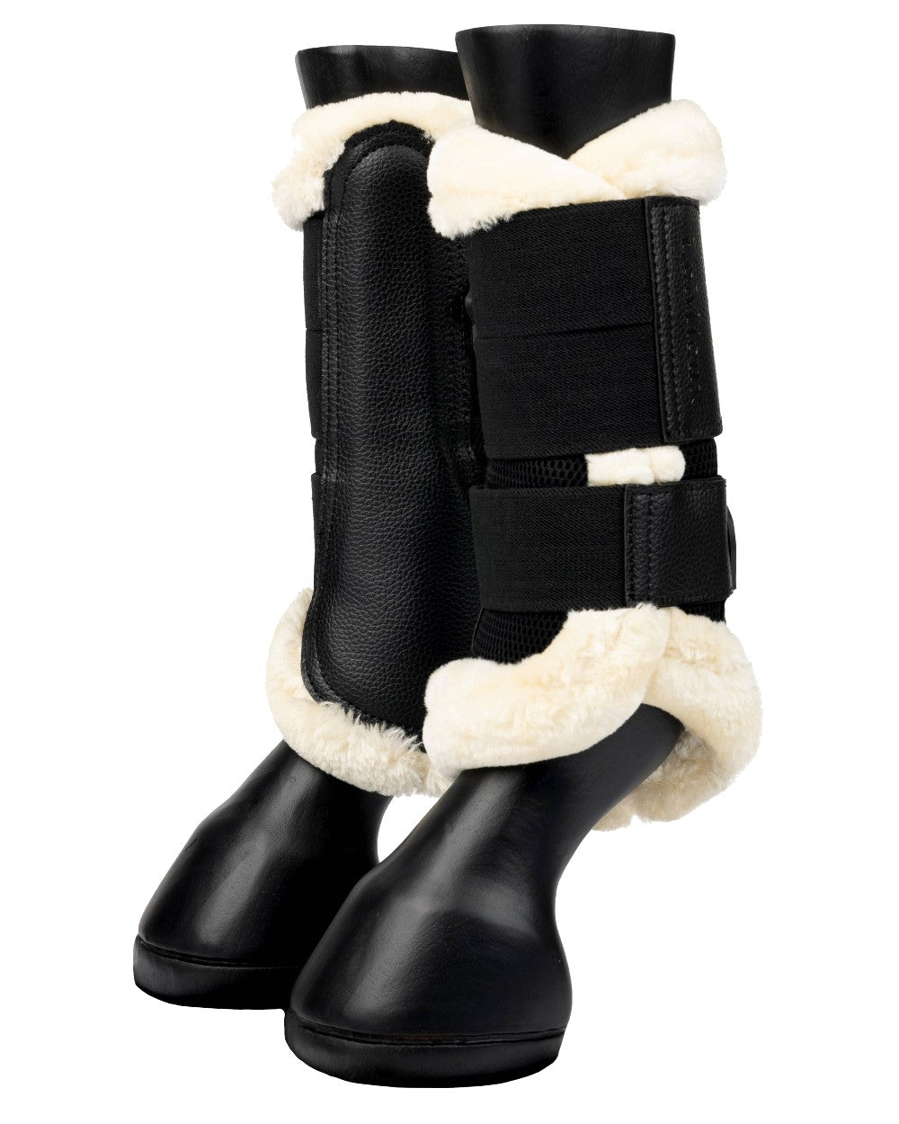 Black/Natural coloured LeMieux Fleece Edged Mesh Brushing Boots on white background