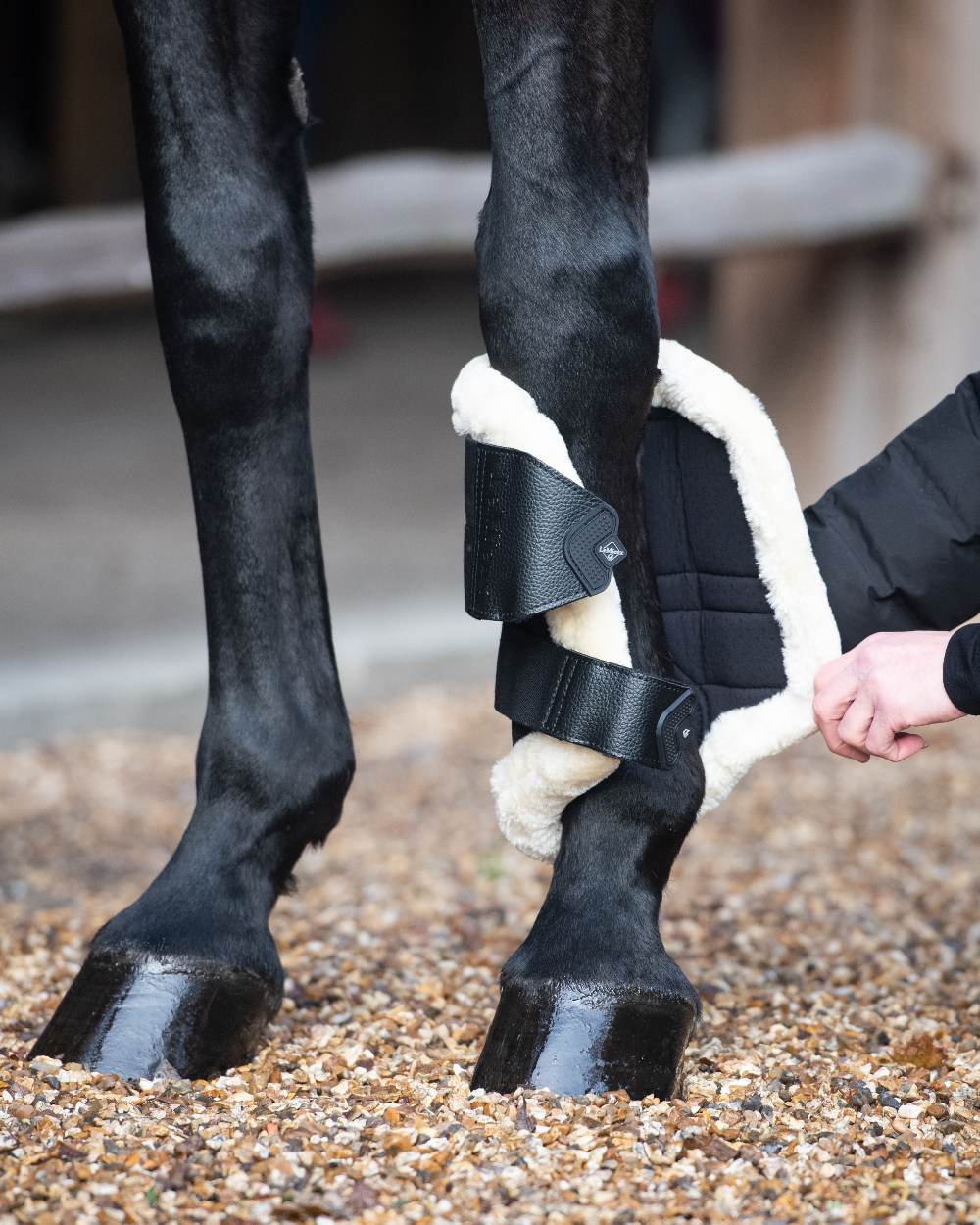Black/Natural coloured LeMieux Fleece Edged Mesh Brushing Boots on blurry background