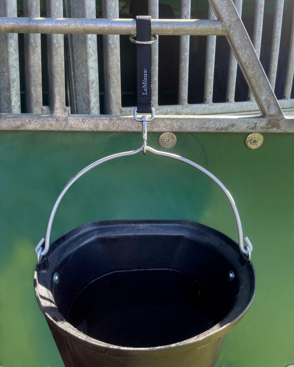 Black coloured LeMieux Hook and Loop Strap on green background