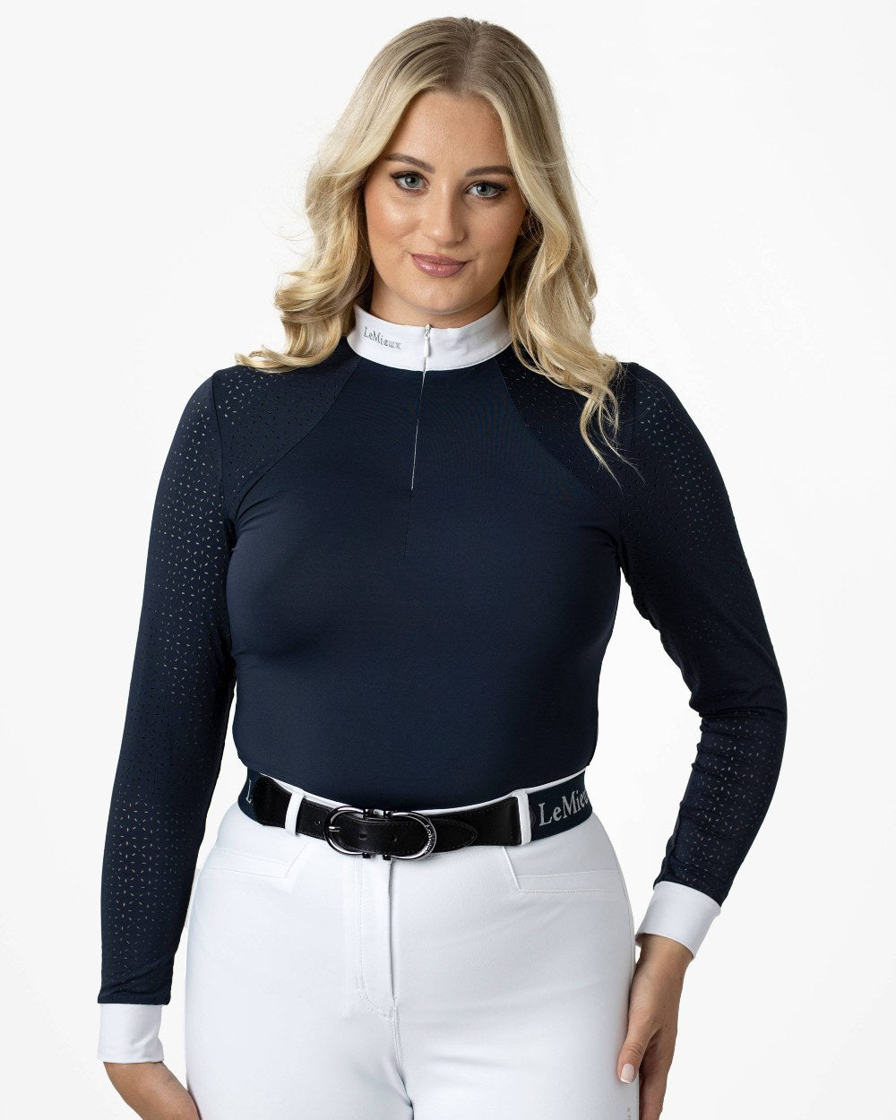 Navy coloured LeMieux Olivia Long Sleeve Show Shirts on grey background