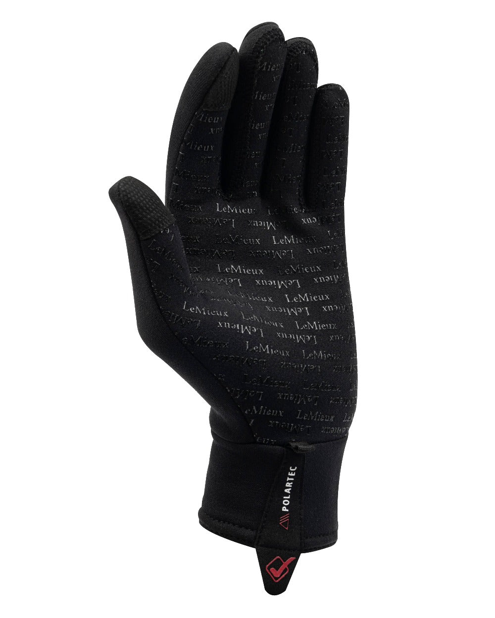 Black coloured LeMieux Polartec Gloves on white background 