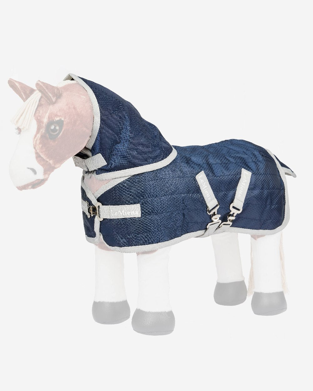 Navy coloured LeMieux Toy Pony Stable-Tek Rug on grey background
