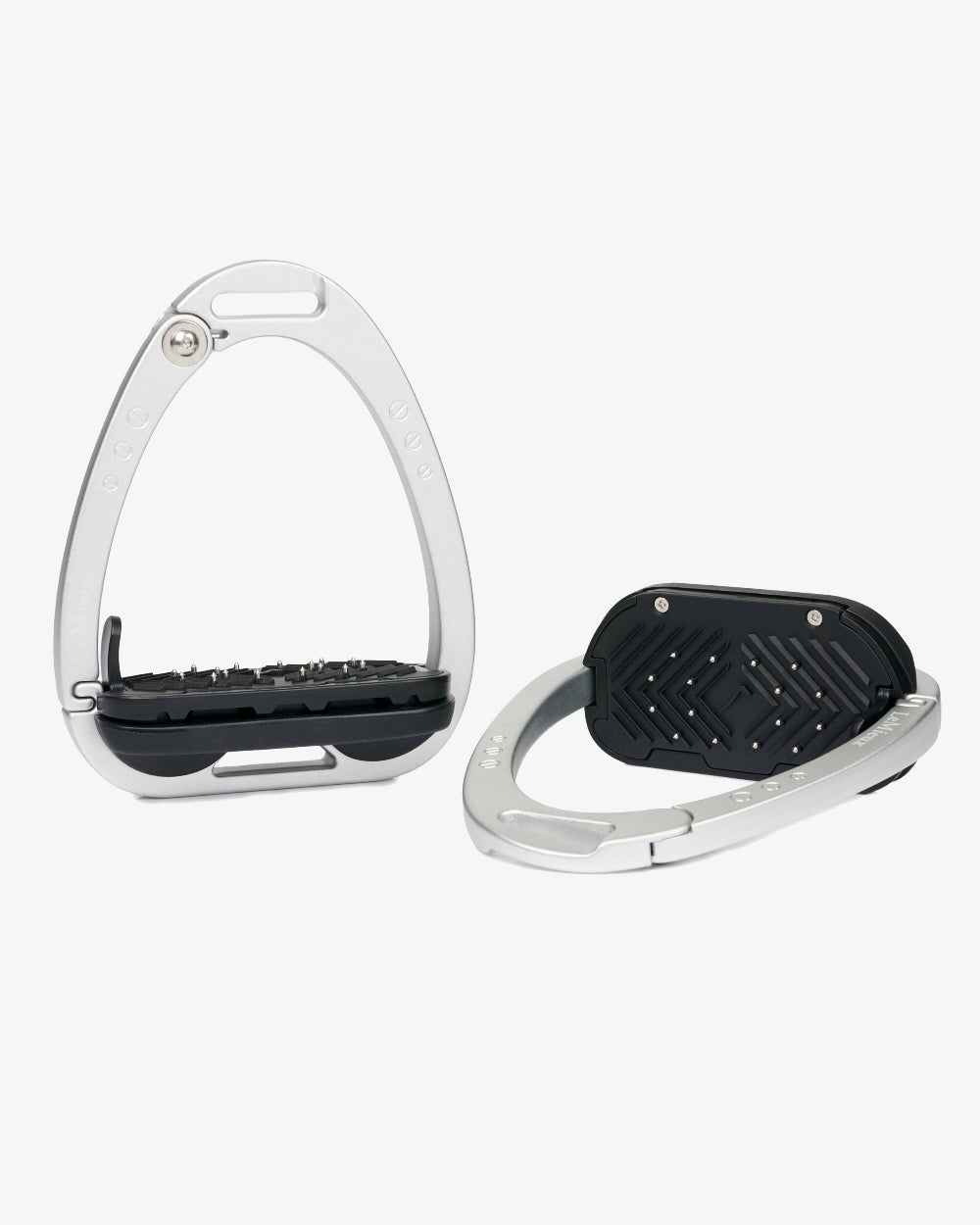 Aluminium coloured LeMieux Vector Balance Stirrup on grey background