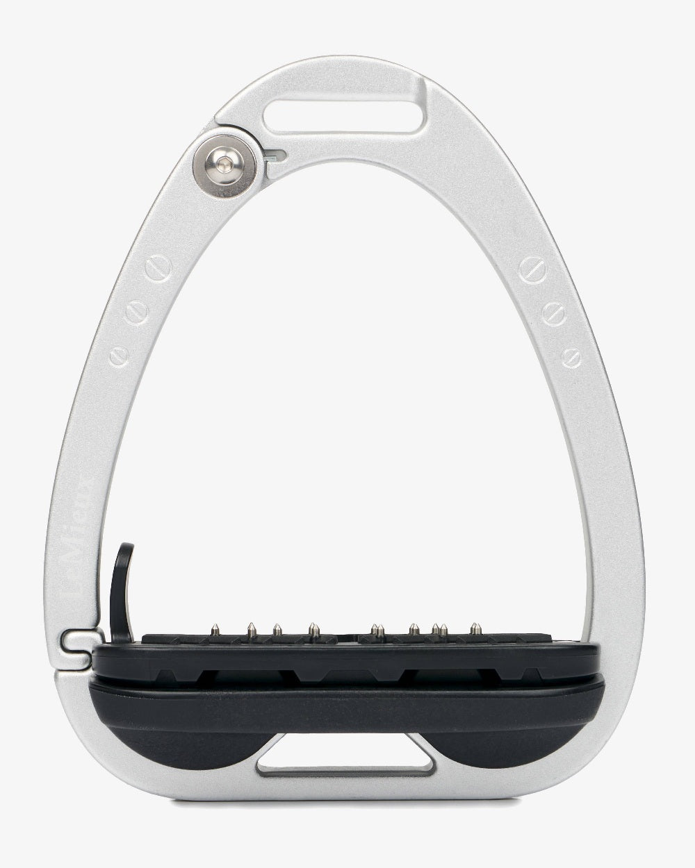 Aluminium coloured LeMieux Vector Balance Stirrup on grey background