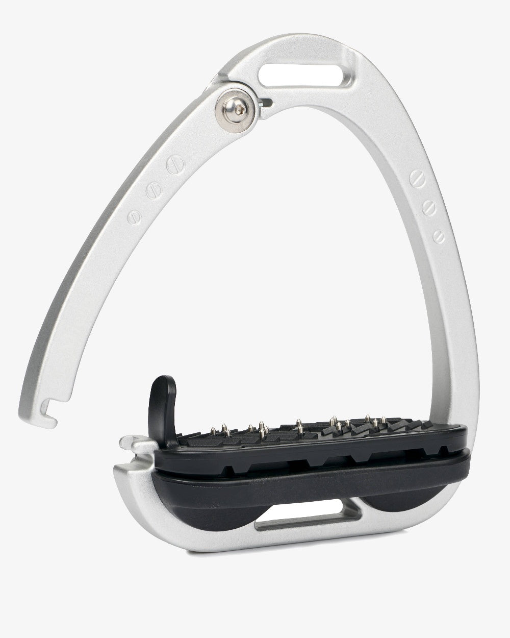 Aluminium coloured LeMieux Vector Balance Stirrup on grey background