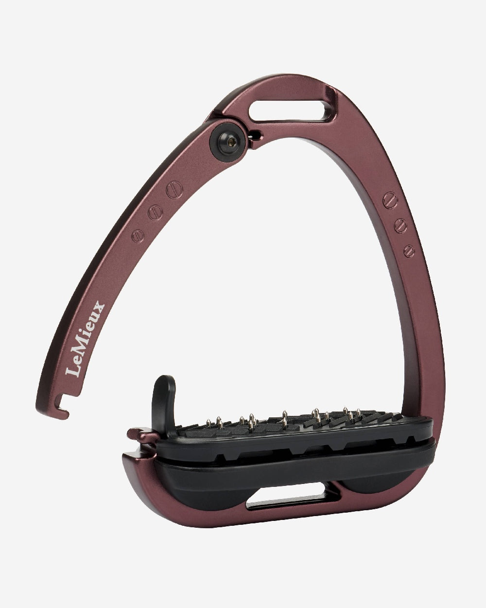 Auburn coloured LeMieux Vector Balance Stirrup on grey background