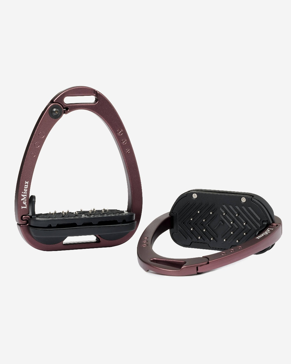 Auburn coloured LeMieux Vector Balance Stirrup on grey background