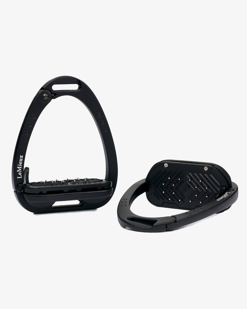 Black coloured LeMieux Vector Balance Stirrup on grey background
