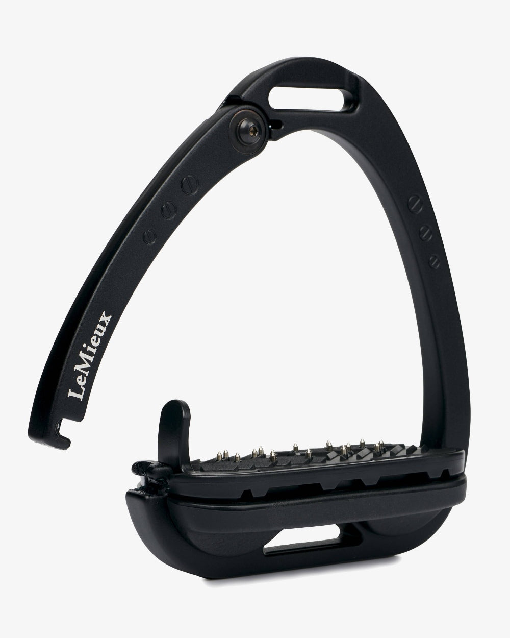 Black coloured LeMieux Vector Balance Stirrup on grey background