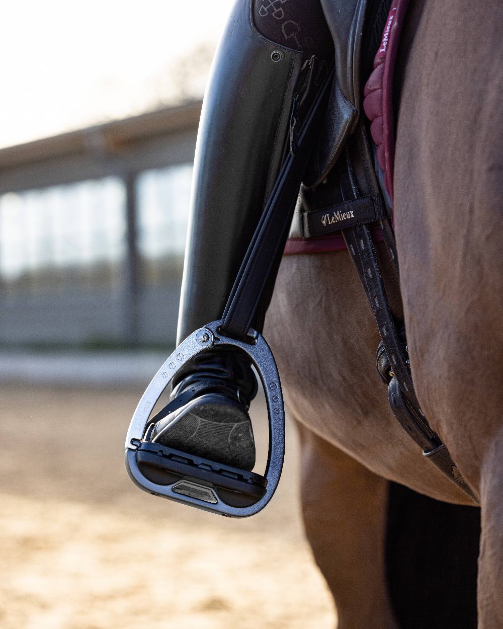Carbon/Silver coloured LeMieux Vector Balance Stirrup on blurry background