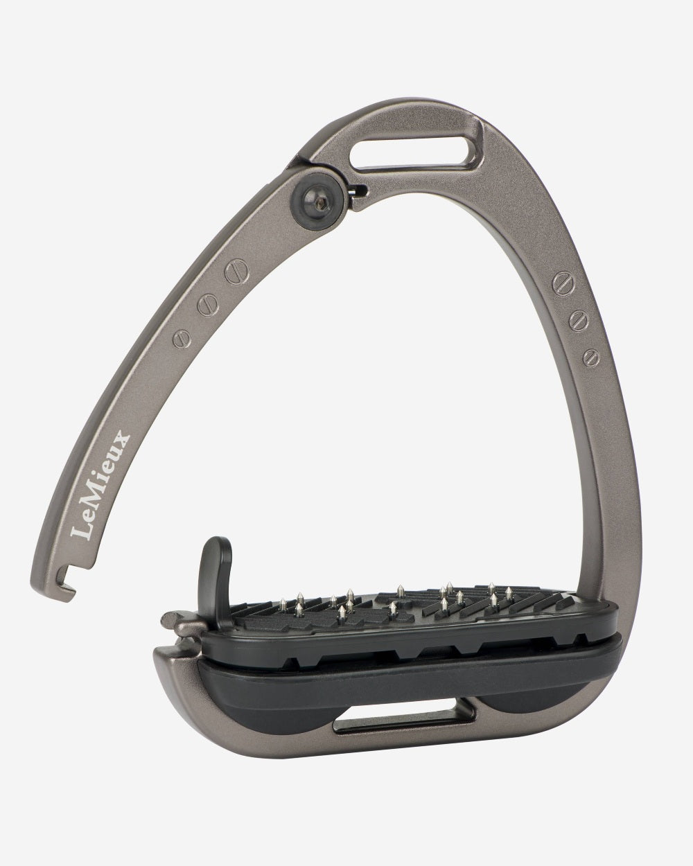 Carbon coloured LeMieux Vector Balance Stirrup on grey background